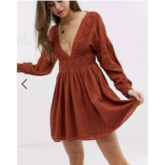 FREE PEOPLE Sugarpie Mini Dress Cinnamon XSMALL Orange Long Sleeve Summer/Fall - Picture 1 of 16